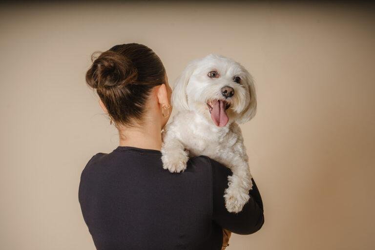 Frau trägt ihren kleinen weißen Hund auf der Schulter – Hundefotoshooting SNDR Photos Münster