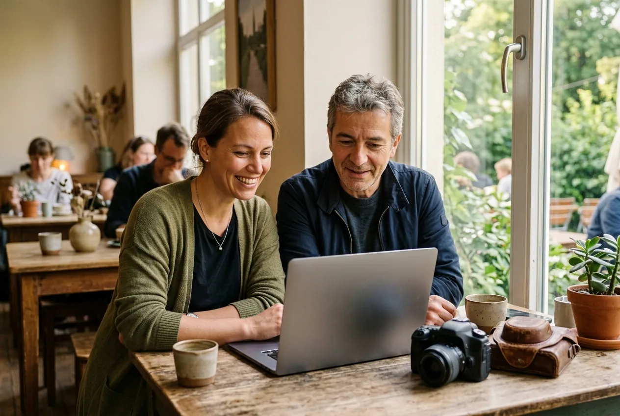 Teilnehmerin und Fotograf besprechen ihre Fotos am Laptop im Café – Fotokurs Münster