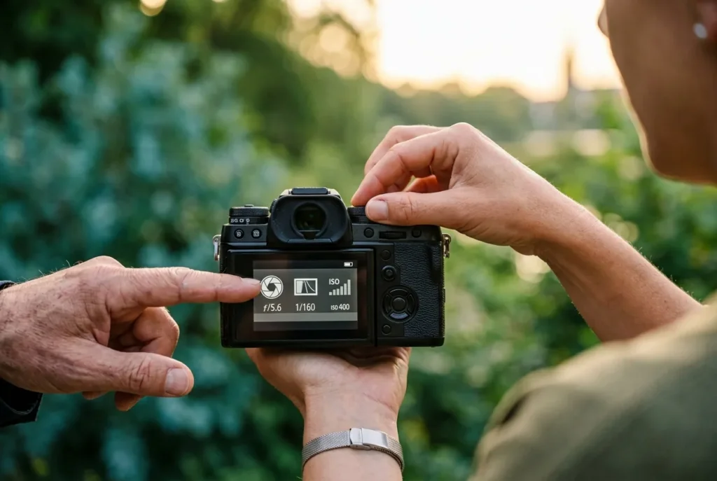 Hände an der Kamera, der Coach zeigt auf Blende, Belichtungszeit und ISO im Display – Fotokurs Münster