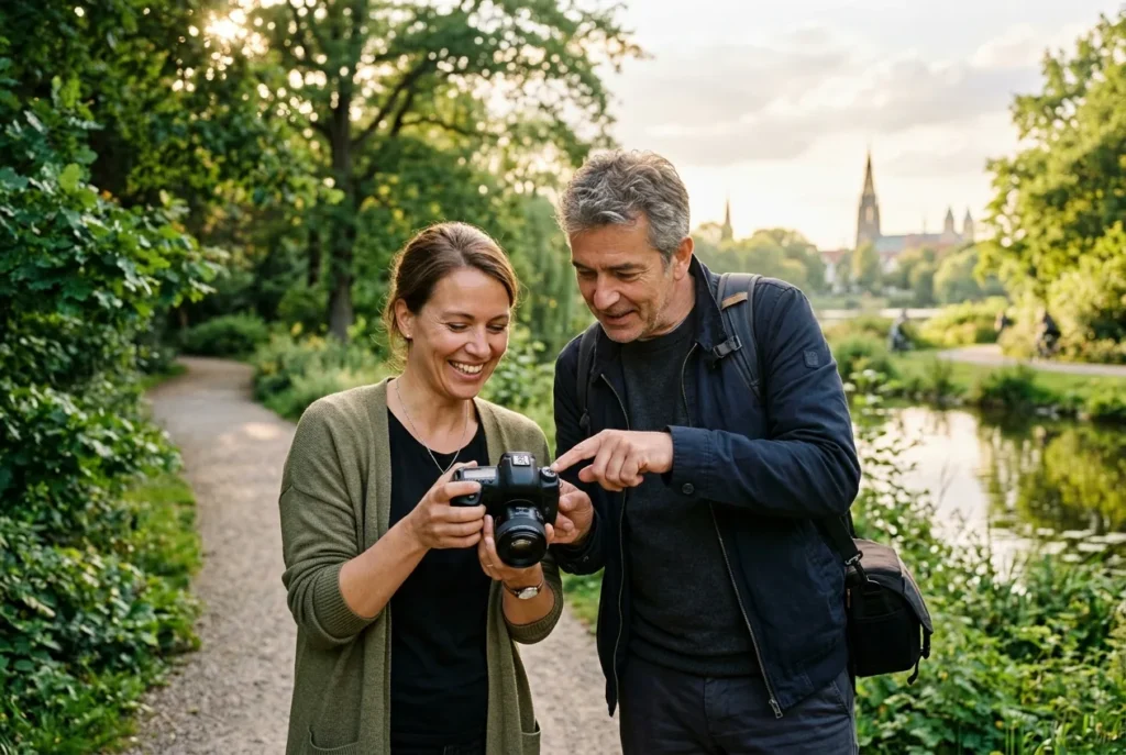 Teilnehmerin hält ihre Kamera, der Fotograf erklärt ihr eine Einstellung im Park – 1:1 Fotokurs in Münster