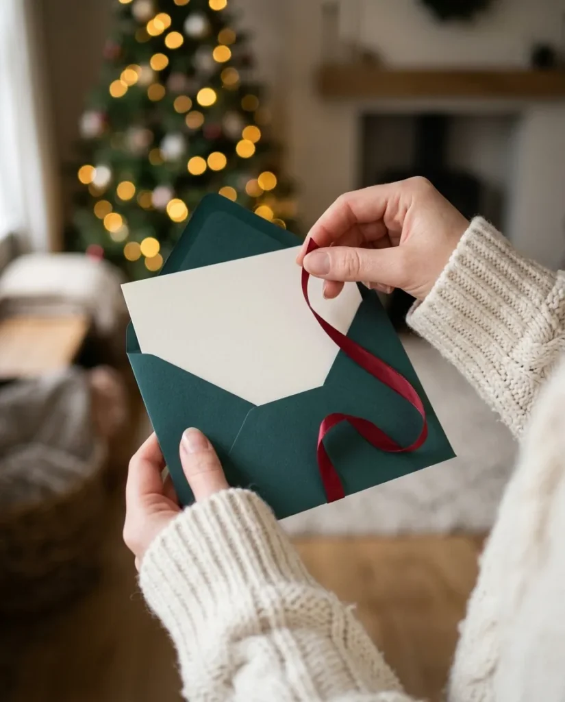 Hände öffnen einen petrolfarbenen Gutschein-Umschlag mit roter Schleife vor dem Weihnachtsbaum – Fotoshooting-Gutschein verschenken